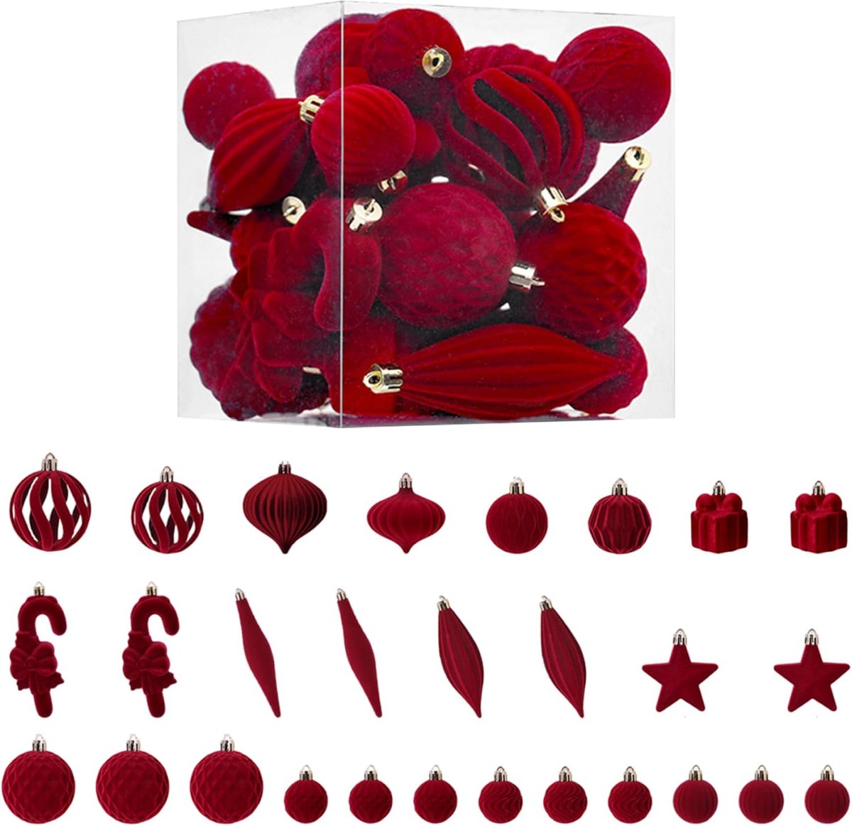 Kerstversieringsset van 28 stuks - onbreekbaar fluwelen kerstboomversiering voor in de boom - decoratie voor feestdagen - wijnrood.