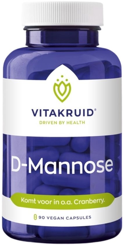 Vitakruid D-Mannose, 90 vegan capsules in blauwe pot. Bevat 500 mg D-Mannose per capsule. Komt voor in cranberry.