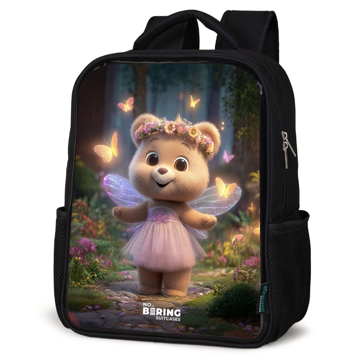 NoBoringSuitcases.com® - Rugzak zwart meisjes - Schooltas meisje - NoBoringSuitcases.com® - Rugzak zwart - Schooltas jongen & meisje - Beer - Vlinders - Bos - Fairy - Rugtas voor school - Boekentas kind - Schoolrugzak - Kinderrugzak