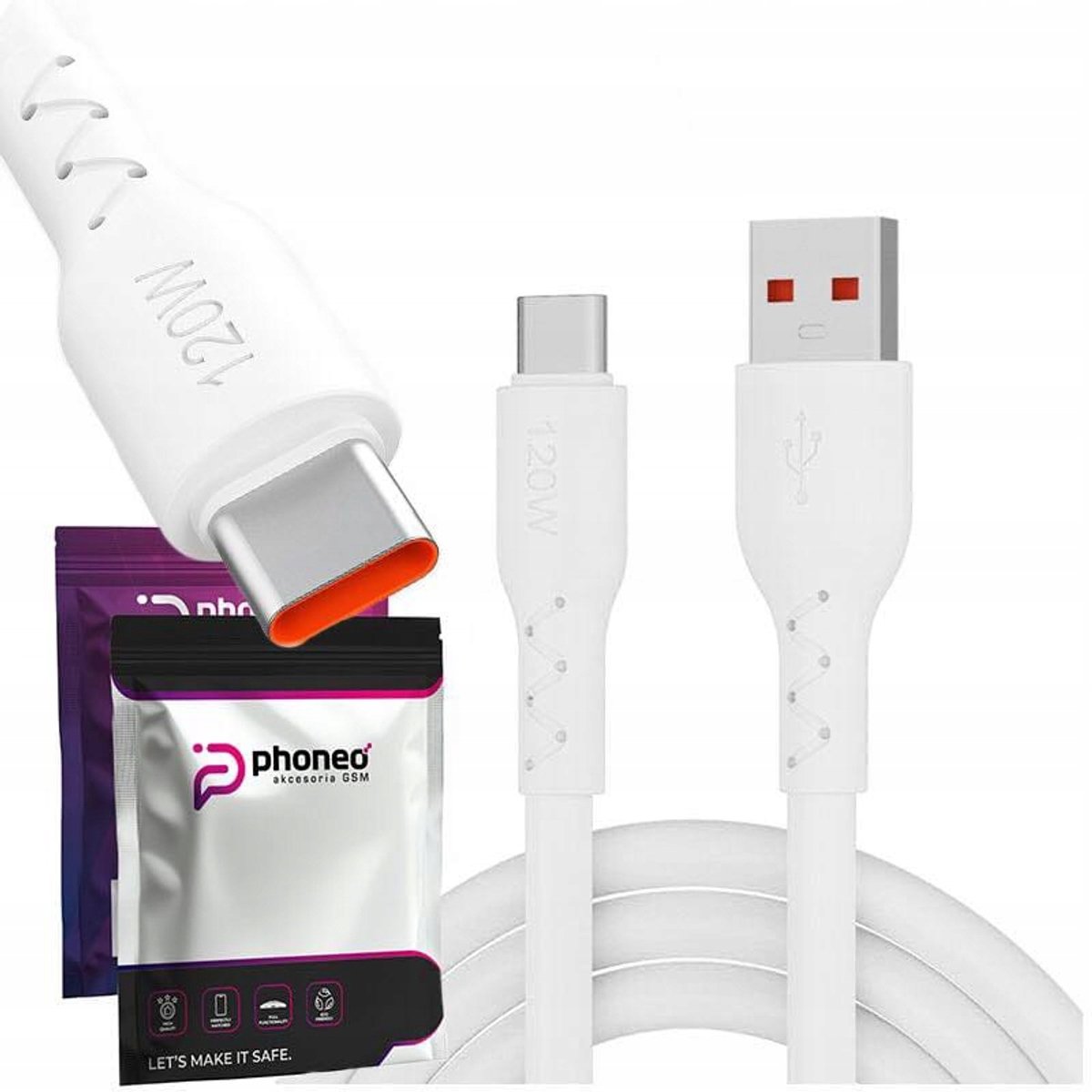 Phoneo USB-C Kabel 120W 6A QC 2m Wit - Snel Laden & Data