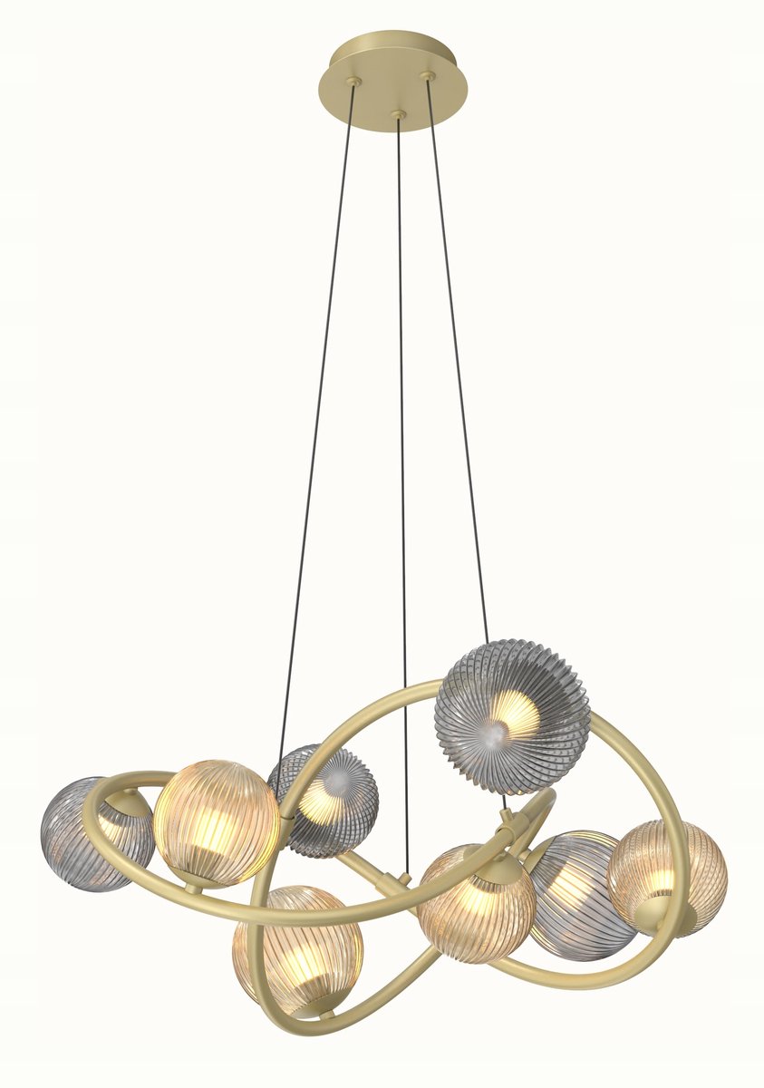 Gouden Hanglamp MALTA 8 Amber Rookglas Bollen Warm Licht