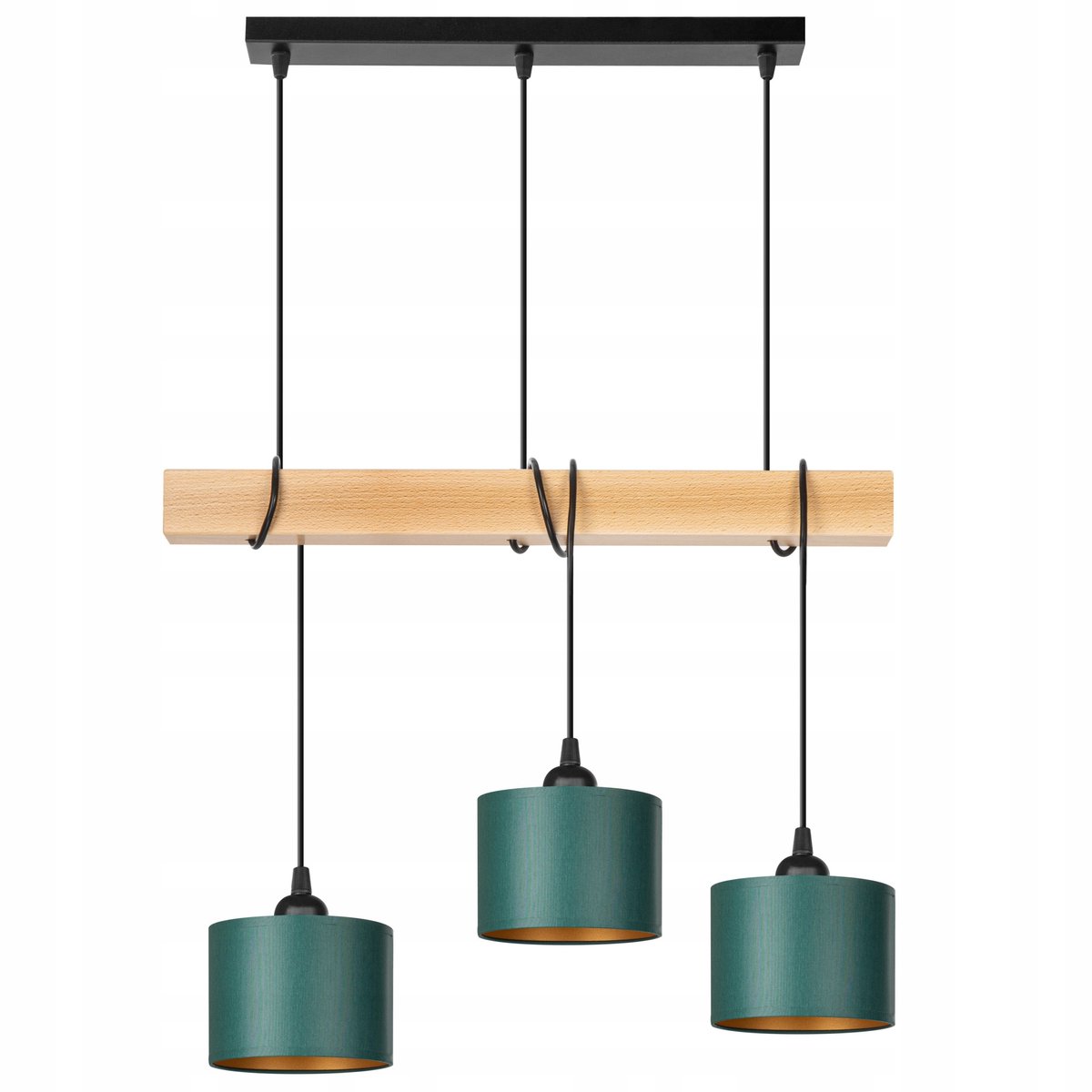 Houten hanglamp met 3 groene/gouden lampenkappen, beukenhout