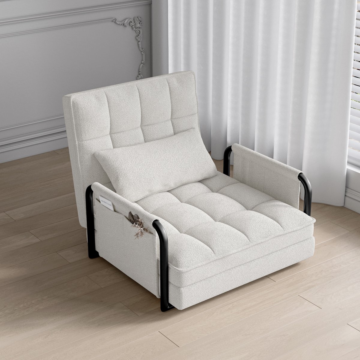 Vloerstoel, 2-in-1 opvouwbare bankstoel met slaapfunctie en 5 niveaus verstelbare rugleuning, gastenbank, loungebank, gewatteerde bank voor woonkamer, slaapkamer, lounge, balkon, Wit