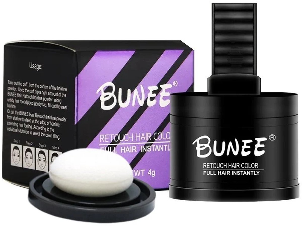 Bunee Haarlijn Concealer Poeder - Directe Dekking, Natuurlijke Finish voor Dunner Wordend Haar en Uitgroeiverf voor Mannen en Vrouwen Kleur Zwart 4g