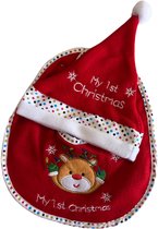 HEM - Baby Set - Slabbetje + Kerstmuts - “My 1st Christmas” - Rendiergezicht - Rood/Wit