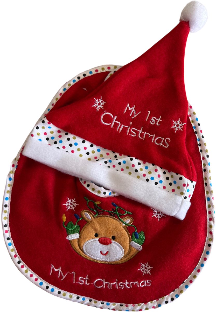 HEM - Baby Set - Slabbetje + Kerstmuts - “My 1st Christmas” - Rendiergezicht - Rood/Wit