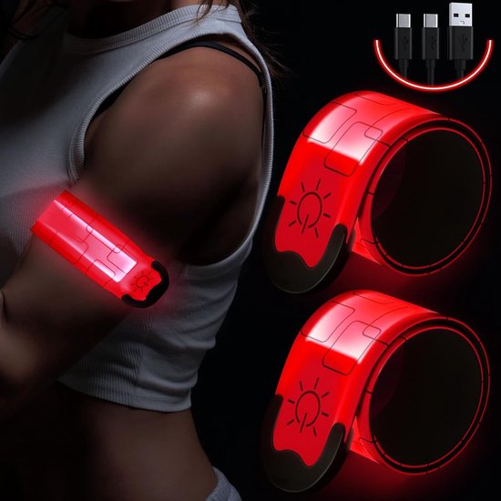 Bracelet LED rechargeable, 2 pièces, bracelets lumineux réfléchissants, bracelet lumineux, enfants, bande réfléchissante USB, bande réfléchissante, éclairage de sécurité pour le jogging et la course à pied - Rouge