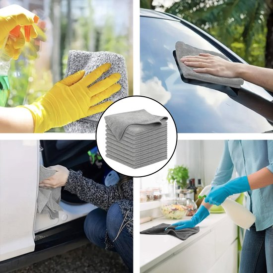 Grijze microvezeldoeken voor het schoonmaken van ramen, auto's en aanrechtbladen.