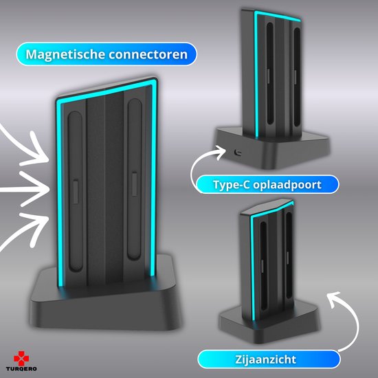Zwarte 4-in-1 RGB oplaaddock voor Switch Joy-Cons met magnetische connectoren en blauwe lichtstrips. Type-C oplaadpoort.