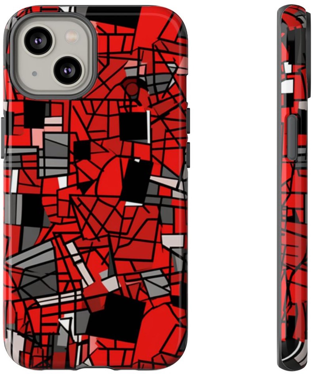 Abstract Rood-Zwart Geometrisch Patroon – Telefoonhoesje Geschikt voor iPhone 14