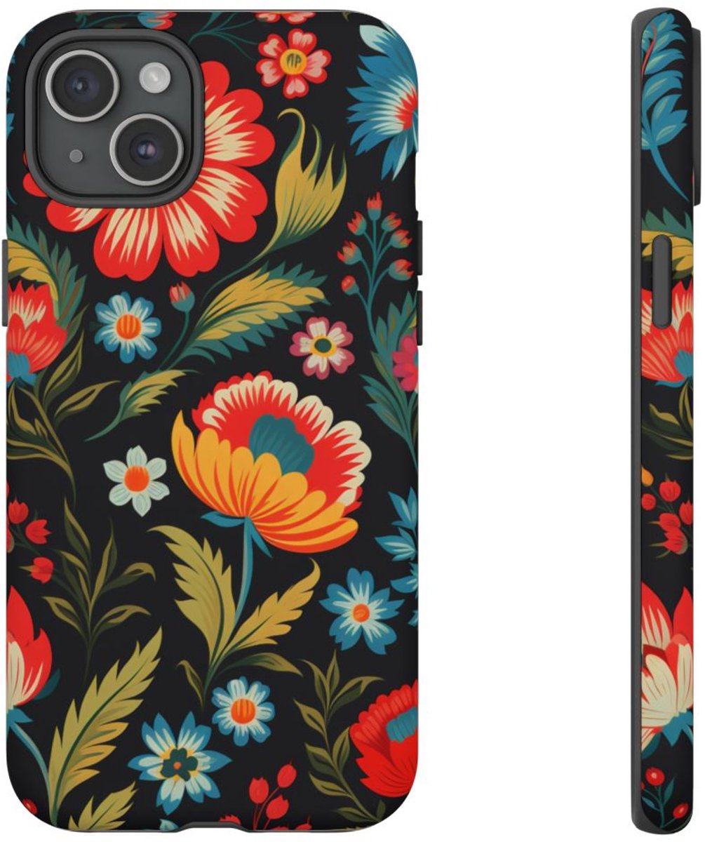 Kleurrijk Folk Art Bloemenpatroon – Telefoonhoesje Geschikt voor iPhone 15 Plus