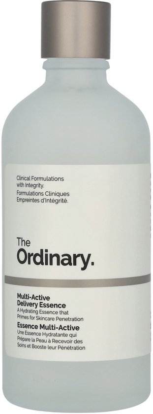 The Ordinary Multi-Active Delivery Essence in matte fles met zilveren dop.