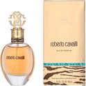 Gouden doos met roberto cavalli eau de parfum en bijpassende ronde fles met gouden dop.