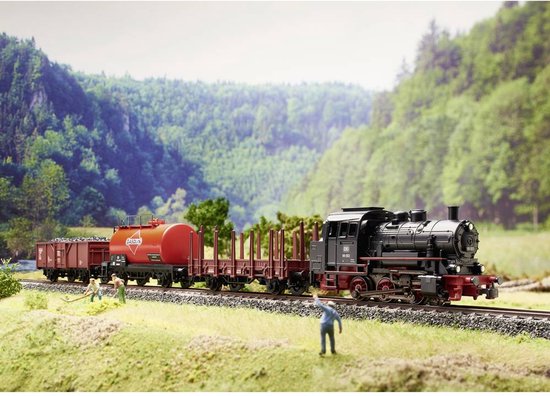 Zwarte stoomlocomotief met rode details, met goederenwagons waaronder een rode tankwagon, in een landelijk landschap.