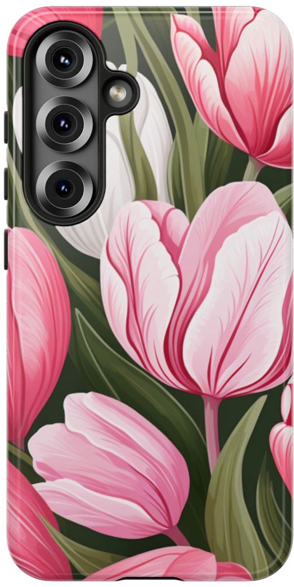 Roze en Witte Tulp Bloemenpatroon – Telefoonhoesje Geschikt voor Samsung Galaxy S25