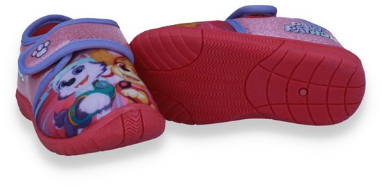 Roze Paw Patrol pantoffels met klittenbandsluiting, versierd met afbeeldingen van Skye en Everest.