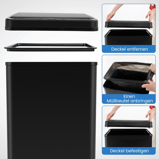 COSTWAY Automatische afvalemmer voor de keuken, 50 l, van roestvrij staal, met band, afvalemmer op afneembare poten, sensor, automatische sluiting, zacht, anti-vingerafdruk, schakelaar (zwart