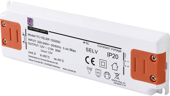 Transformateur LED TRU COMPONENTS TC-YSL30F-1202500, tension constante, 30 W, 2,5 A, V/ DC, adapté aux meubles et aux spas.