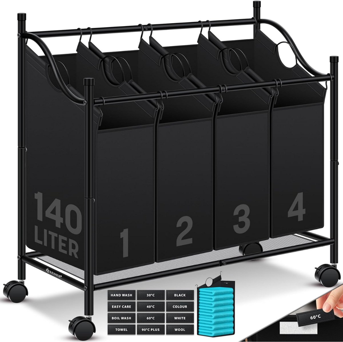 ApexArte® Wassorteerder 4 Vakken - Wasmand - 140 L - Zwart