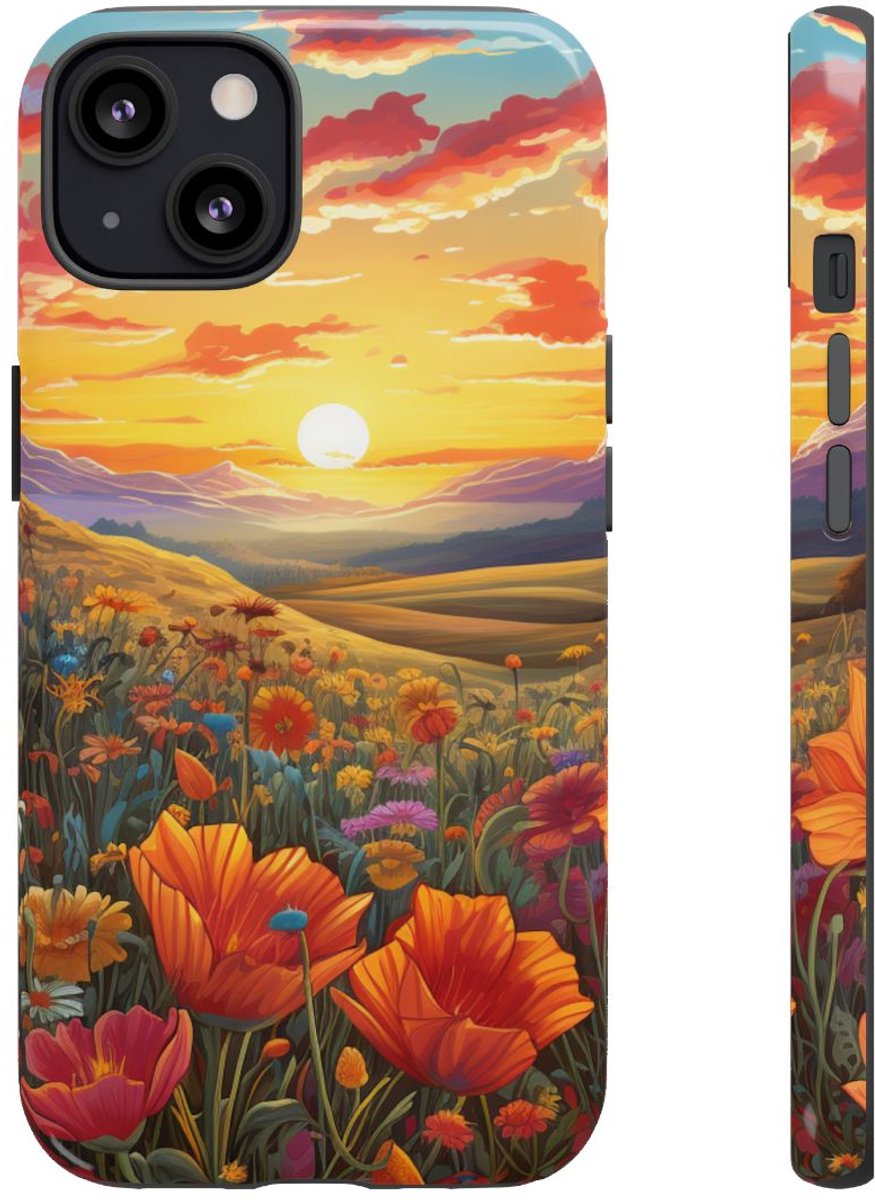 Zonsondergang boven Wilde Bloemenweide – Telefoonhoesje Geschikt voor iPhone 13
