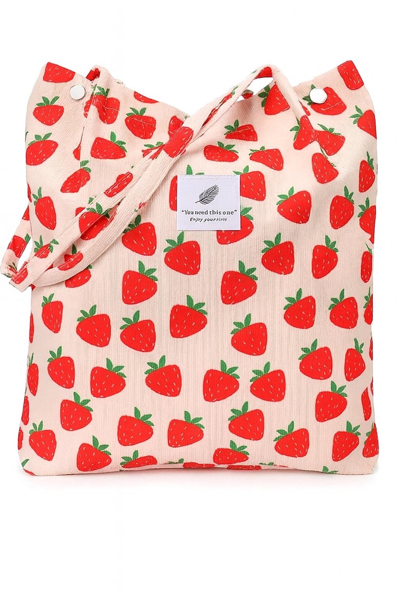 Trendy Corduroy Shopper Tas met Aardbeienprint - 38x10x35cm