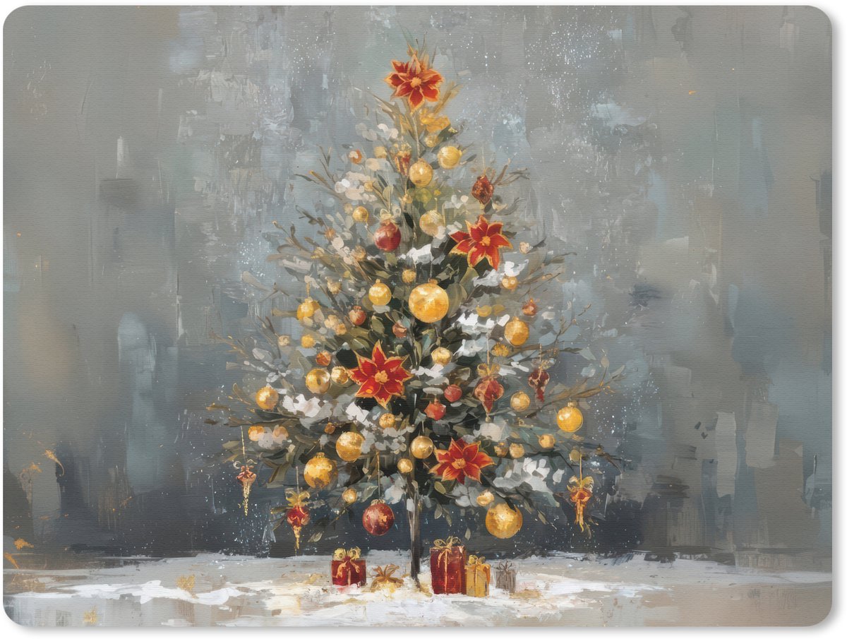 Muismat 23x19 cm - Mousepad Kerstboom - Cadeaus - Rood - Goud - Muismatten