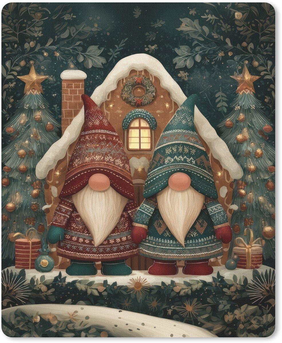 Muismat 19x23 cm - Mousepad Kerst - Gnomen - Peperkoekhuisje - Rood - Groen - Muismatten