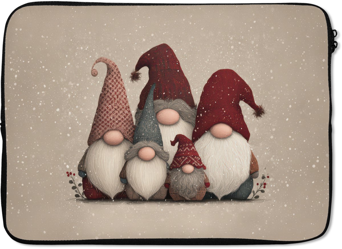 Laptophoes 13 inch - Kabouters - Kerst - Sneeuw - Puntmutsen - Laptop sleeve - Binnenmaat 32x22,5 cm - Zwarte achterkant