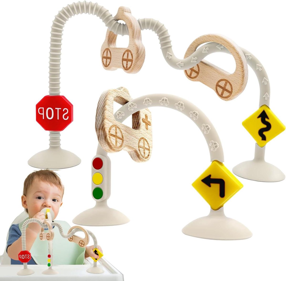 Provento - Sensorisch Bijtspeelgoed voor Baby's | Montessori Speelgoed met Zuignap en Houten Ring | Stoel Speelgoed en Reisspeeltje | Praktisch Kraamcadeau | Verkeersherkenning | Beige | 0-3-6-12 Maanden