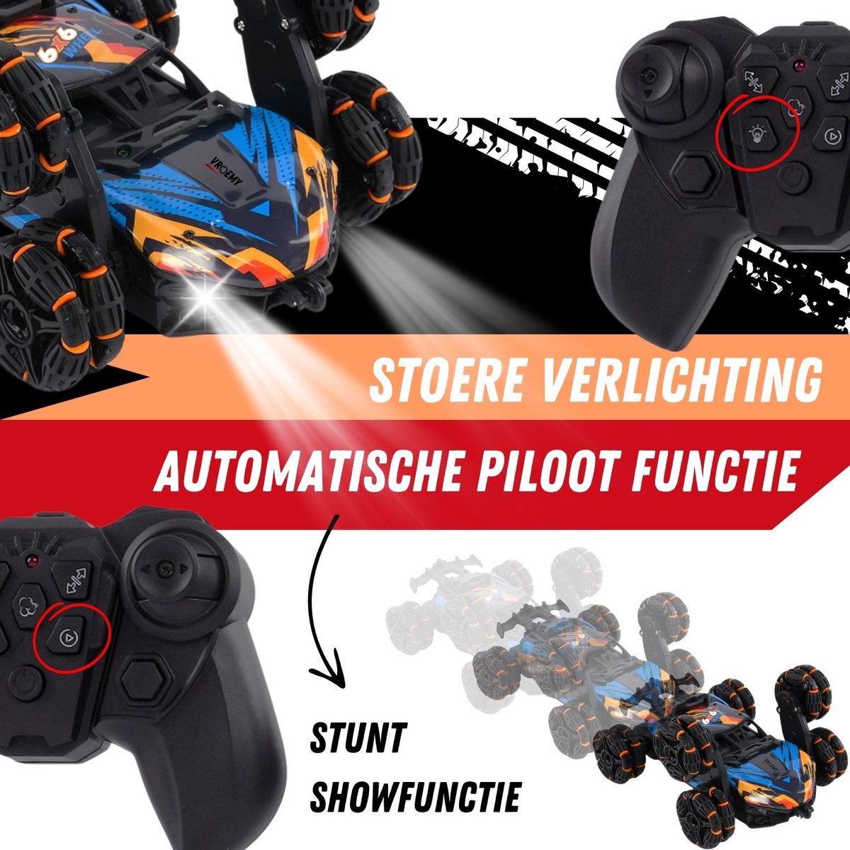 VROEMY TurboTwister Bestuurbare Auto - Stuntauto 6 Wielen - Spray & LED — afbeelding 4