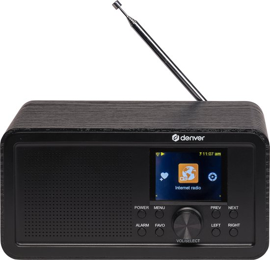 Denver DIR-200 DAB+ Internetradio met FM, Wi-Fi, Bluetooth 5.0, 2,4″ kleurendisplay, alarmfunctie, houtlook