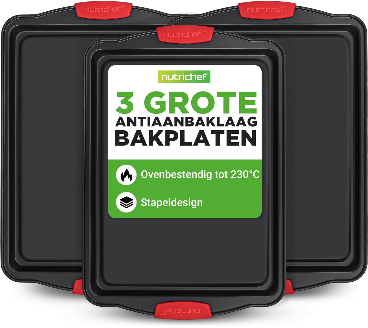 NutriChef 3-Delige Bakplaat Set - Grote Antiaanbak Bakplaten van Premium Koolstofstaal met Siliconen Handgrepen