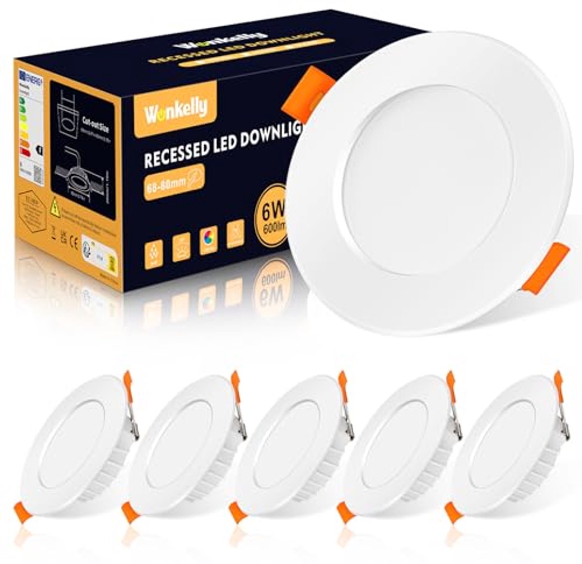 Inbouwspot 230 V, 6 W Platte Plafondspot, IP44, Warm Wit 3000 K, Set van 6