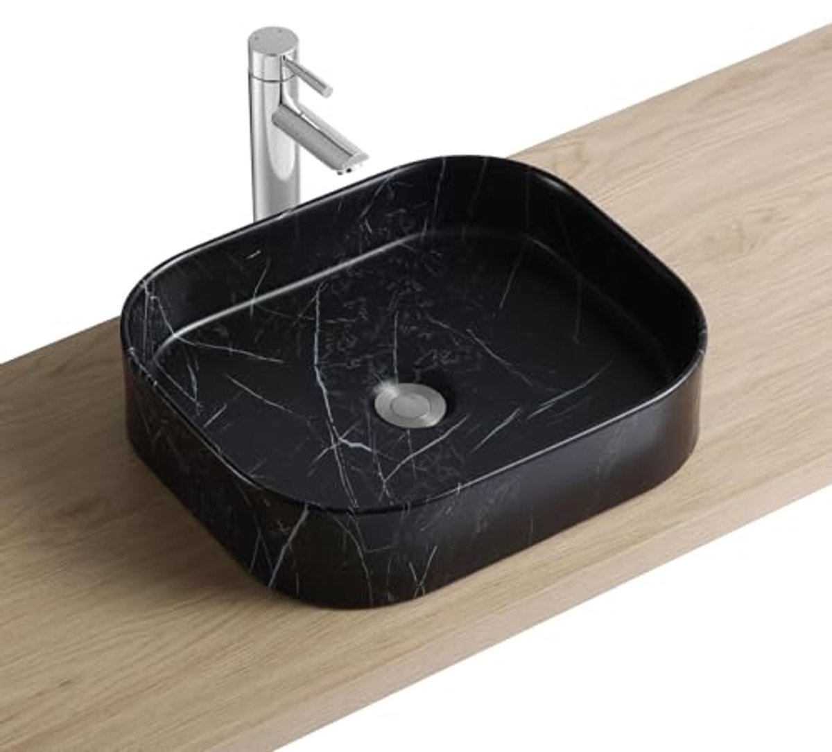 Wastafel Keramiek - Ovaal Bekken - Badkamer Vernieuwen - Marmerlook Afwerking - 45 x 38 cm - Zwart
