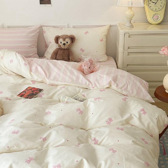 Linge de lit rayé rose et blanc Unyqoos® pour filles, avec nœuds et fermeture éclair