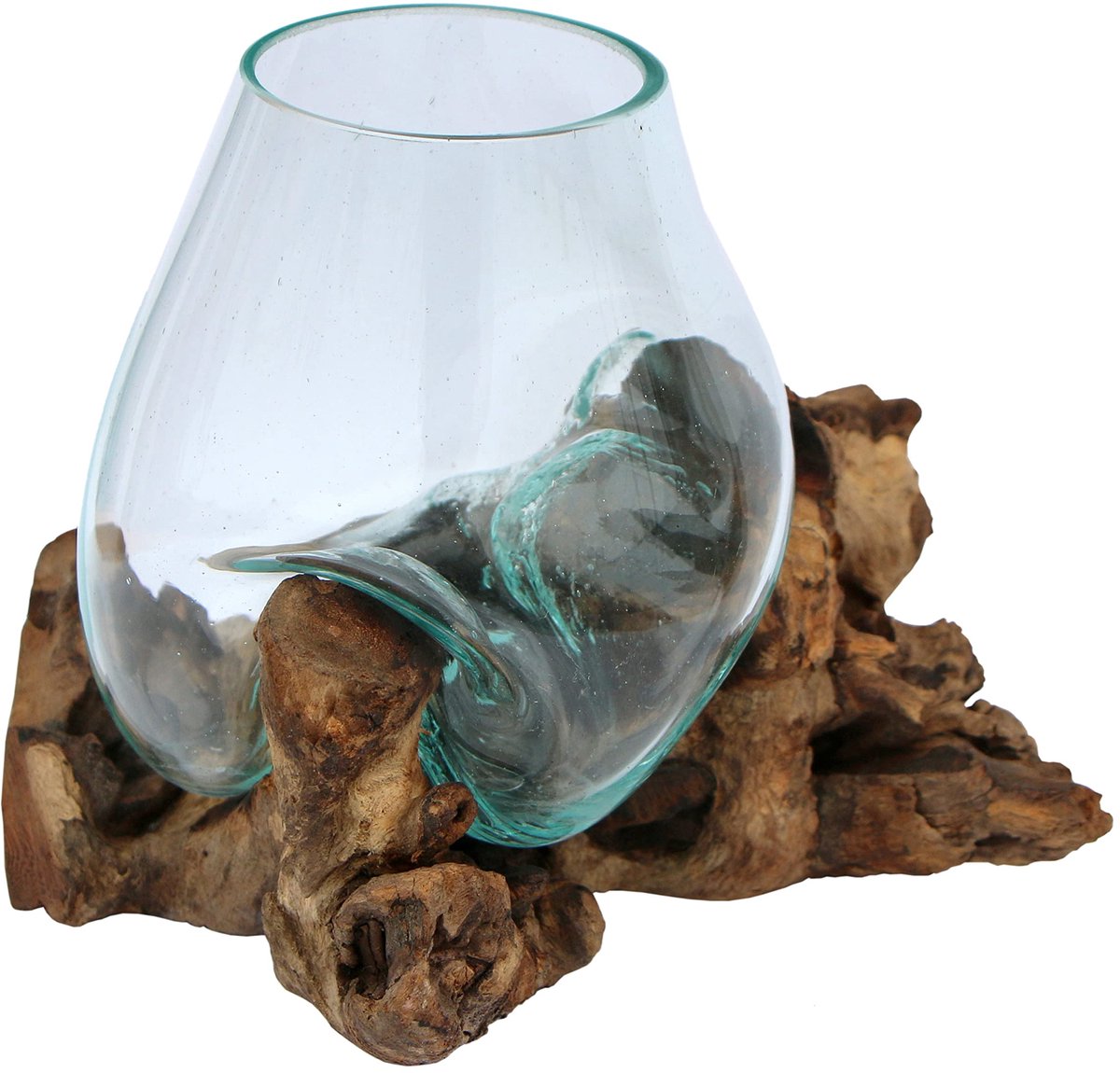 Unyqoos Unieke glazen vaas met natuurlijke wortelhouten basis voor stijlvolle decoratie bruin
