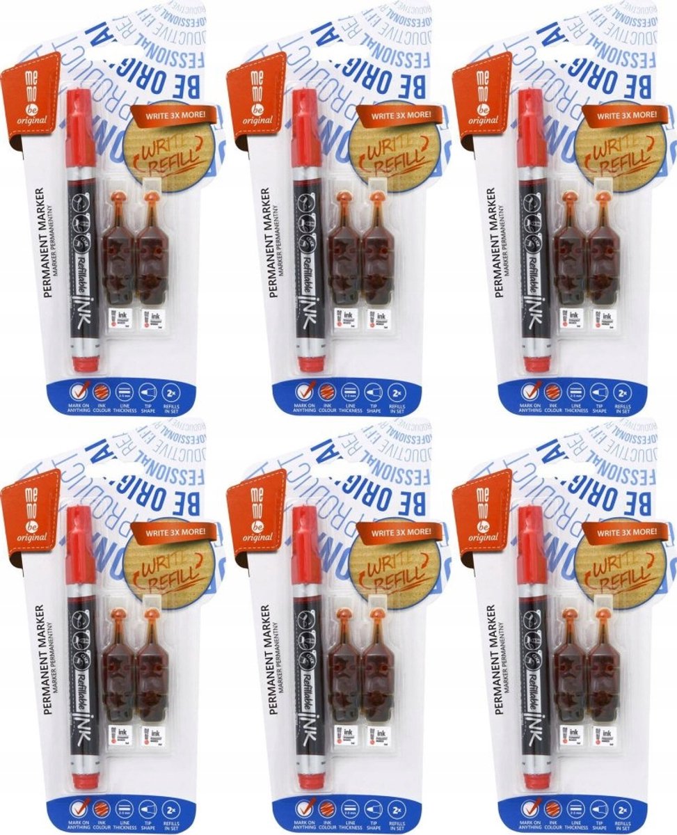 6x MemoBe Permanente Markers Rood + 2 Inktampullen - Hoge kwaliteit
