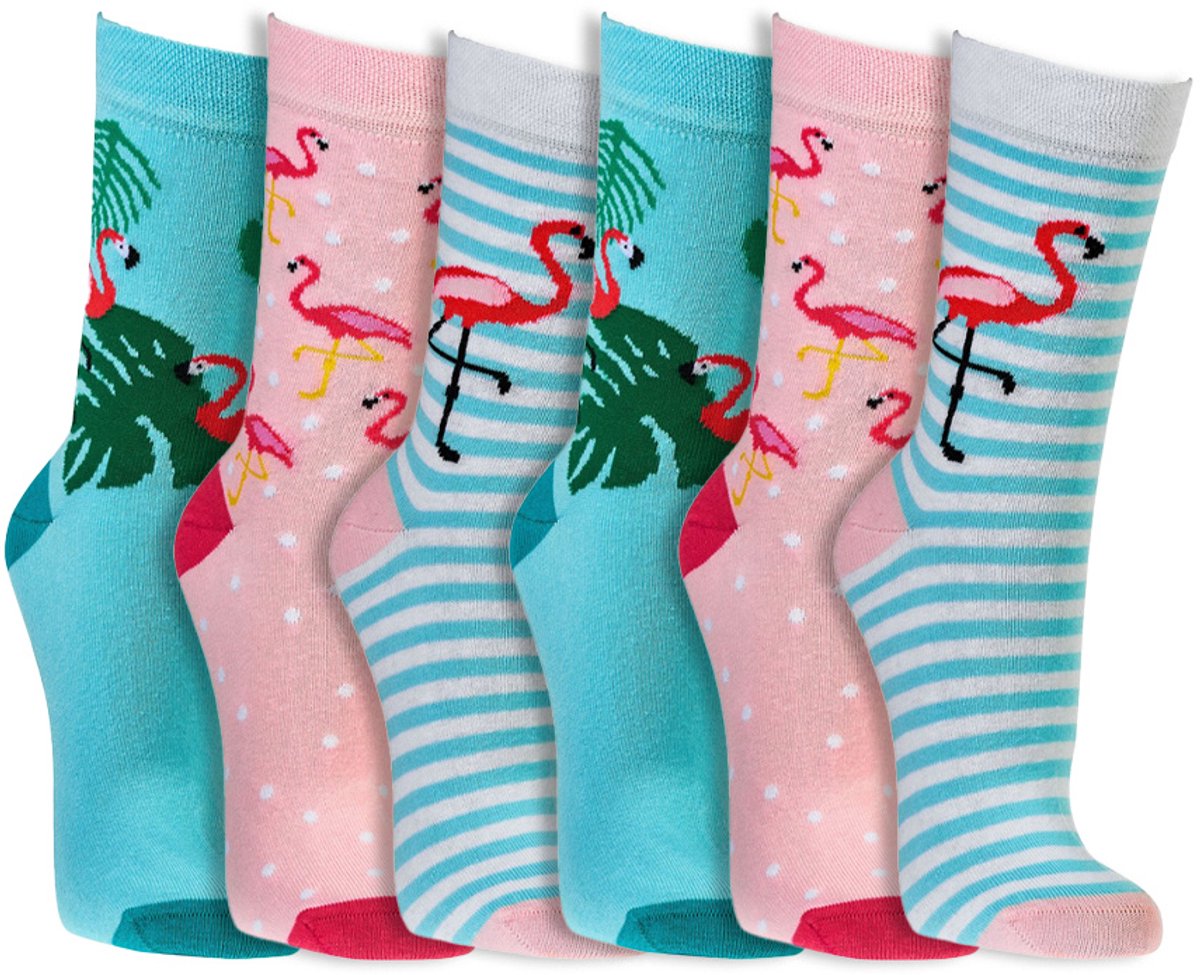 Grappige sokken | Dames sokken | Thema: Flamingo | Maat: 35-38 / 39-42 | 6 paar