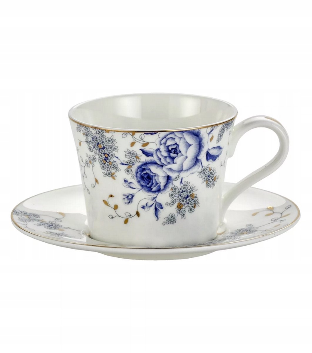 Porseleinen Kop en Schotel met Blauwe Bloemen - 230ml