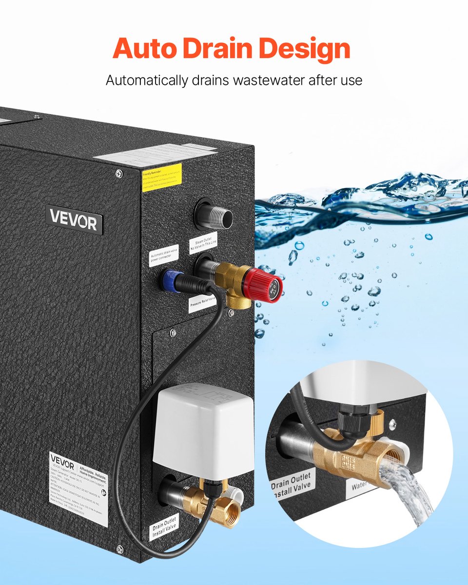 VEVOR Stoomgenerator, 7,5 Kw Stoomgenerator, Stoomdouchesysteem Met Bediening voor Sauna, Bad, Spa, CommerciëLe Automatische Afvoerset Met Oververhittings-, Droogloop- en Overdrukbeveiliging, Zwart — afbeelding 5