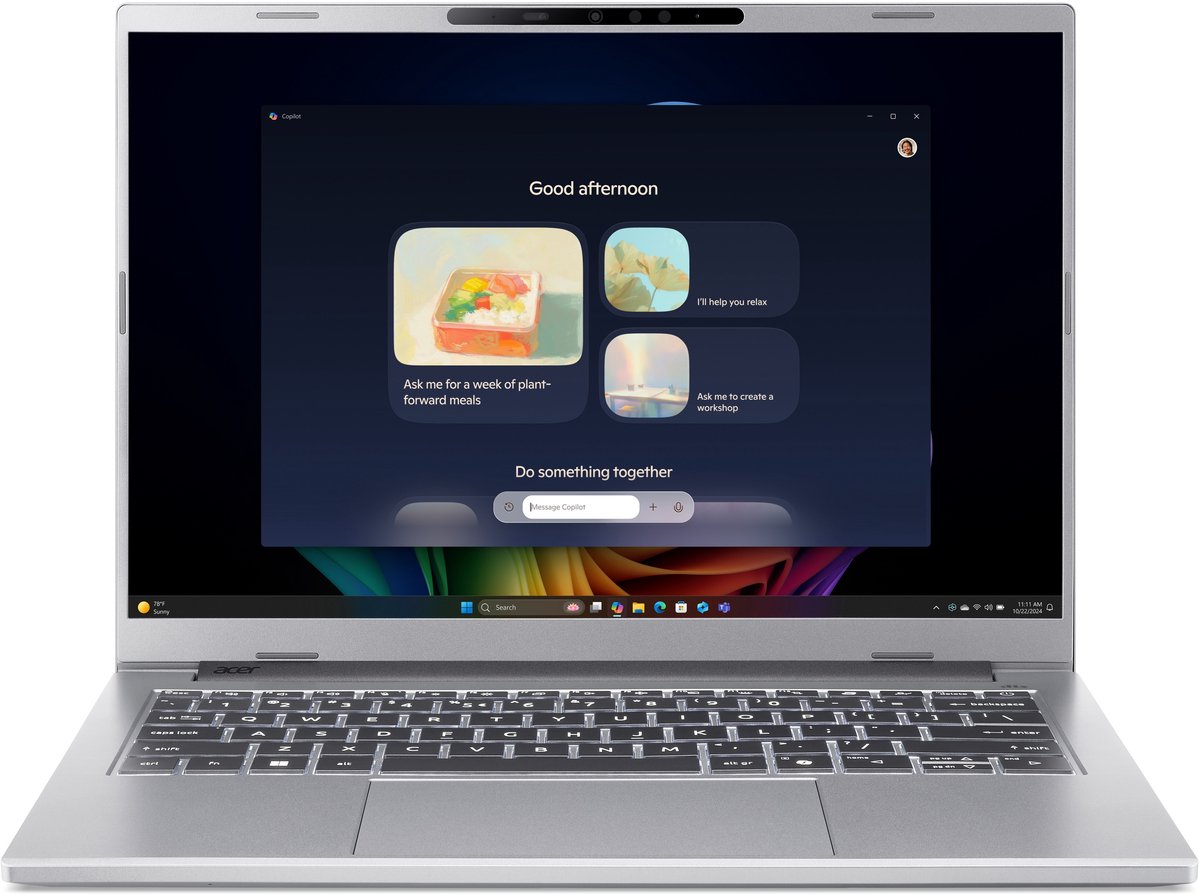 Acer Aspire 14 AI A14-61M-R6YA AMD Ryzen AI 5 340 Laptop 35,6 cm (14") WUXGA 16 GB LPDDR5x-SDRAM 1 TB SSD Wi-Fi 6E (802.11ax) Windows 11 Home Duits Zilver