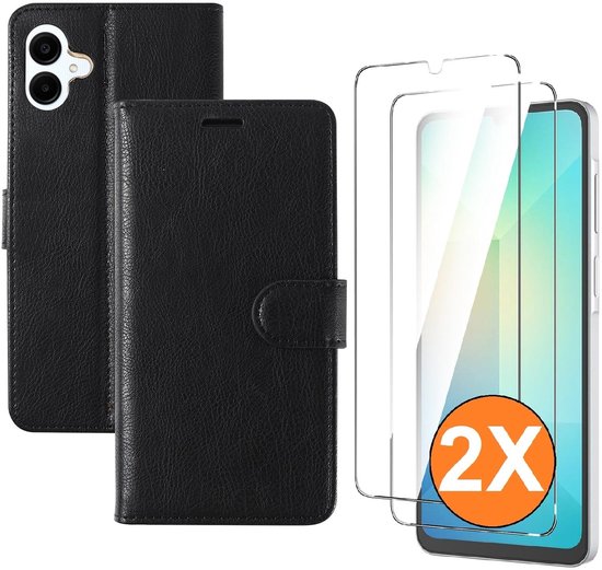 Hoesje geschikt voor Samsung Galaxy A07 hoesje Zwart pasjeshouder telefoon hoes - Met screenprotector tempered glass voor Galaxy A07 4G / 5G - 2x