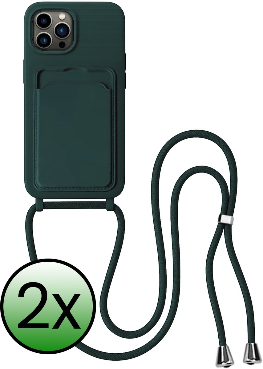 Hoes Geschikt voor iPhone 14 Pro Max Hoesje Pas Houder Case Hoes Met Koord - Hoesje Geschikt voor iPhone 14 Pro Max Hoes Met Telefoonkoord Pasjeshouder Cover - Donkergroen - 2 Stuks