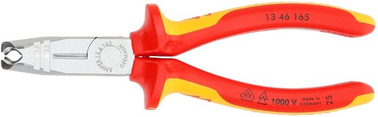 Rode en gele tang met zilverkleurige kop, markeringen '1,5', '1,2' en '2,5'.