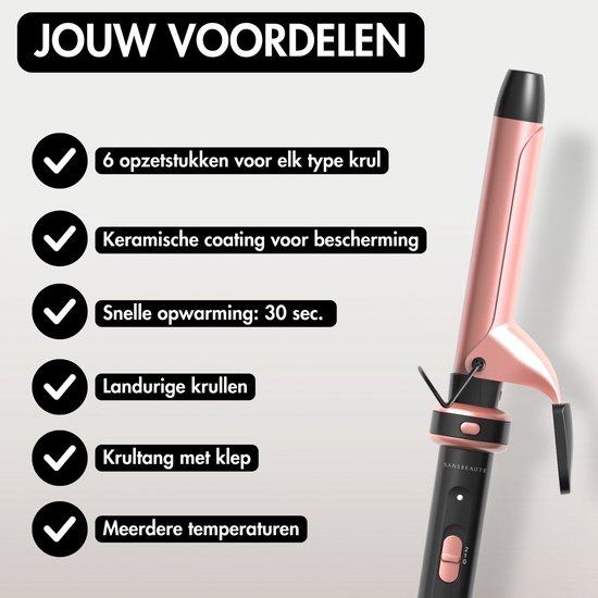Sansbeauté® 6 in 1 Krultang met Klem - Keramische Haarkruller - 13mm tot 38mm - Beach Waves - Wavy Hair - Krultangen 32mm 25 mm 19 mm - Blowout Brush - Haarstyler - Hair Curler - Dunne en Dikke Krultang - Mini Krultang - Krultang Kort Haar