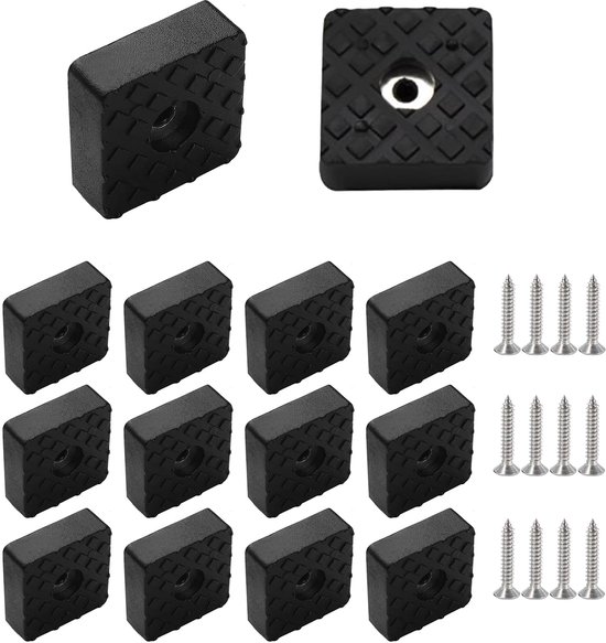 Set van 12 Vierkante Rubberen Buffers – Zwarte Antislip Meubelvoeten, Schroefbaar, Elastische Beschermdoppen voor Tafels, Stoelpoten en Vloeren (30 x 30 x 11 mm)
