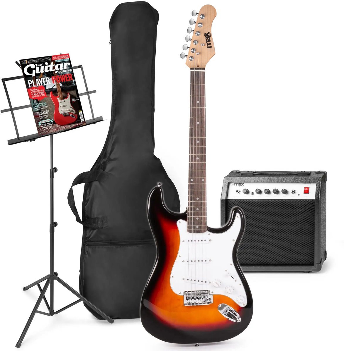 Elektrische gitaar met gitaar versterker - MAX Gigkit - Perfect voor beginners - incl. muziekstandaard, gitaar stemapparaat, gitaartas en plectrum - Sunburst