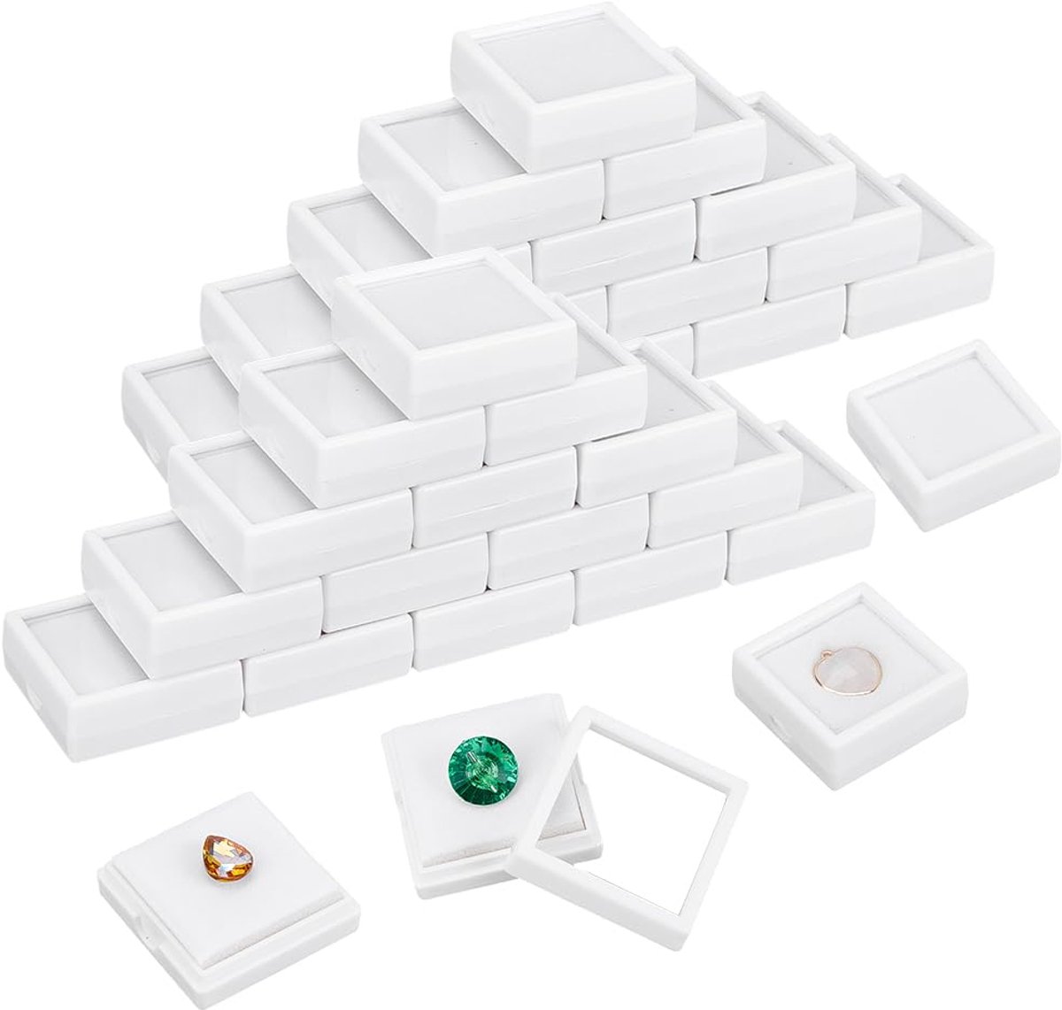 48 Stuks Wit Edelsteen Displaydoos - 4x4x1,5 cm Plastic met Helder Deksel voor Sieraden