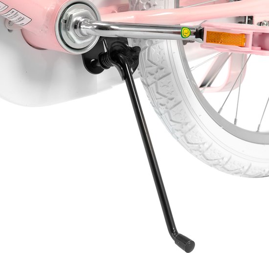Roze kinderfiets met zijwieltjes, een standaard en een witte band. De fiets is versierd met bloemen en een eenhoorn.