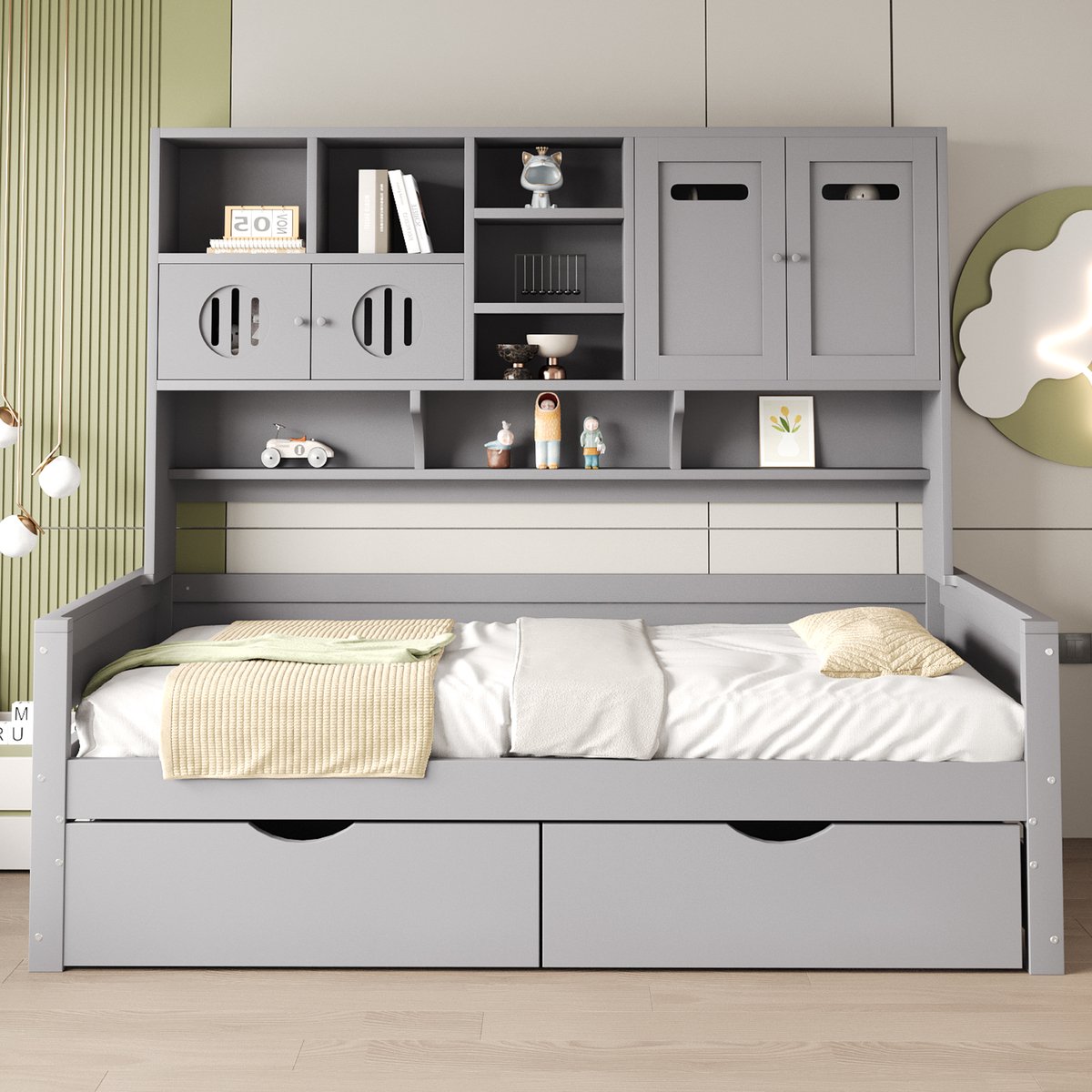 Sweiko Slaapbank - 90 x 200 cm - Opbergruimte - 2 lades - Houten bed - Zonder matras - Grijs